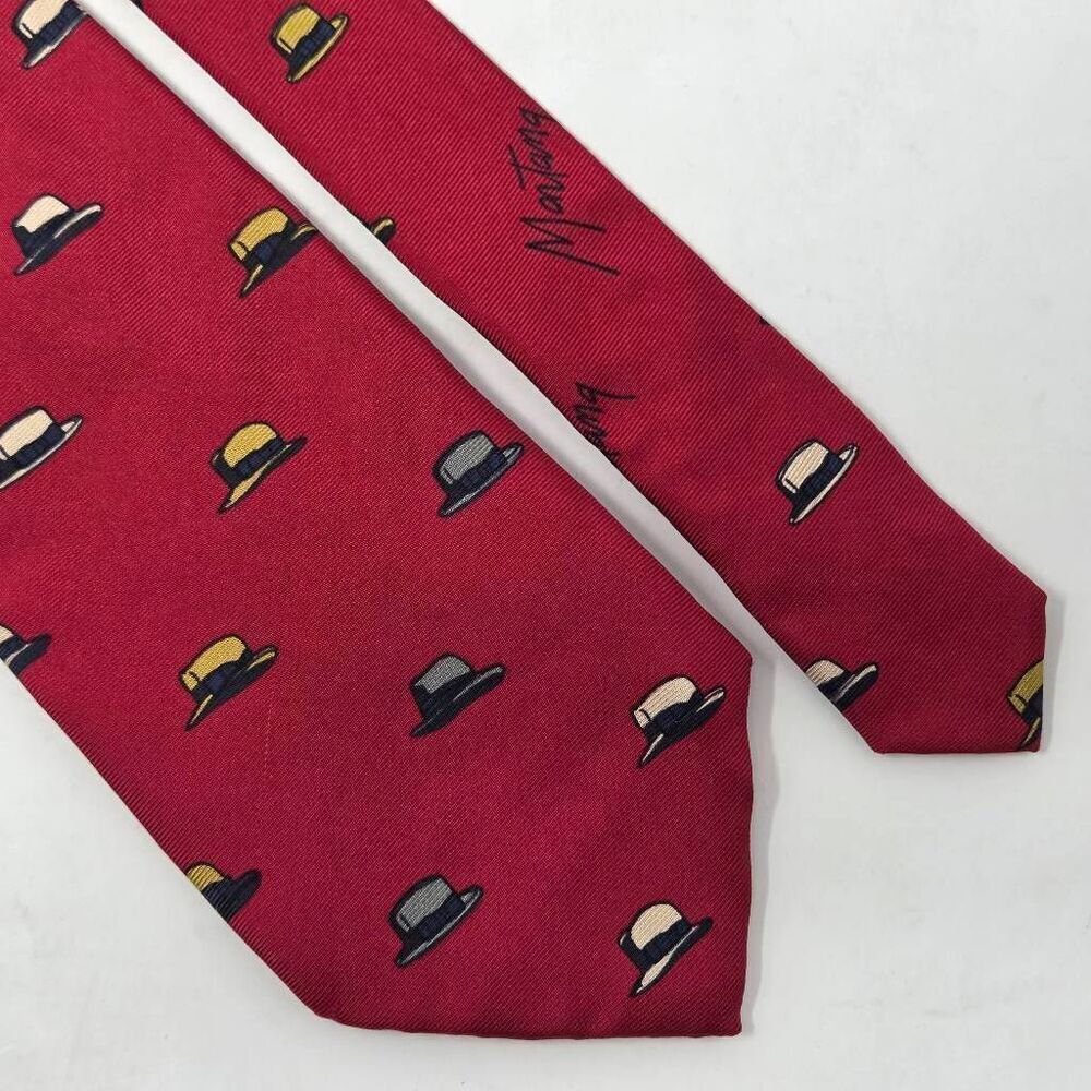 VINTAGE CLAUDE MONTANA SILK TIE RED MAFIA BOWLER HAT PRINT ITALY 3.5" X 54"